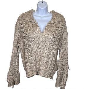 Revel Women's Tan Cable Knit Fringe Polo Sweater Size Medium